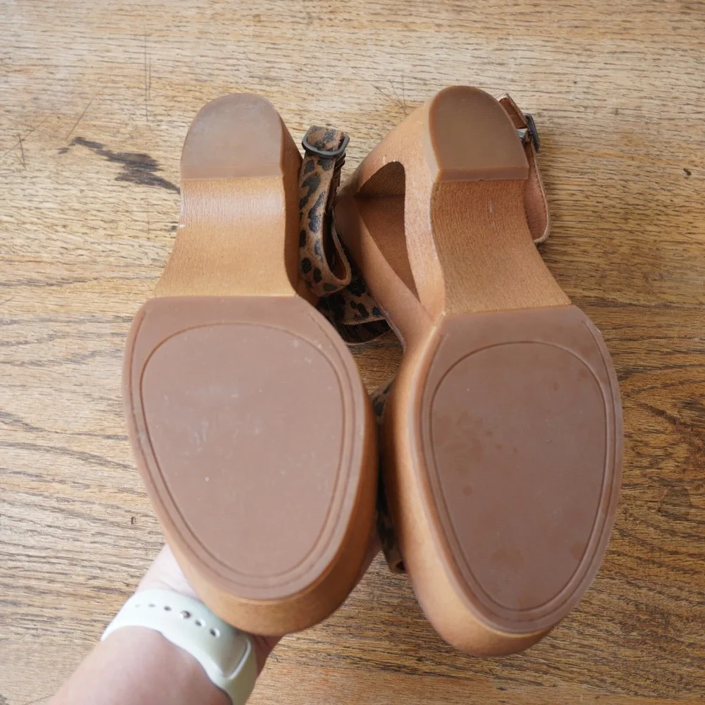 Lucky Brand Wynona Leopard Print Wedge Platform Sandals Tan Black 9.5M